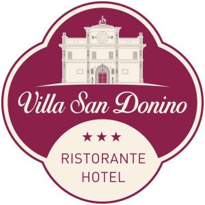 um rótulo com o emblema da villa San Domingo hotel em Hotel Villa San Donino em Città di Castello