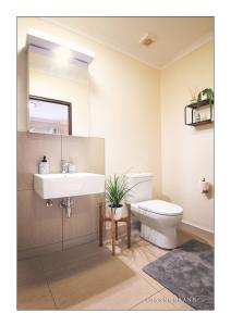 a bathroom with a sink and a toilet and a mirror at Felzarette Self Catering Apartment 7 in Windhoek