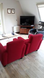 een woonkamer met een rode bank en een tv bij Anna in Nunspeet