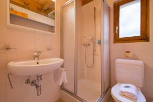 La salle de bains est pourvue d'un lavabo, d'une douche et de toilettes. dans l'établissement Chalet Mar'Mot, à La Tzoumaz