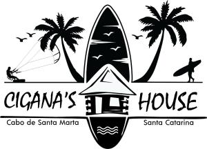 a black and white logo of a surfboard and a house at Cigana's House 1 - Região do Farol de Santa Marta in Laguna