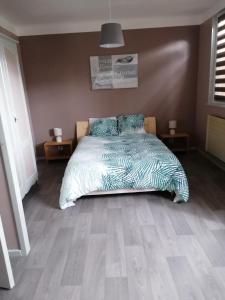 1 dormitorio con 1 cama grande con almohadas azules en Rentz Martine en Riquewihr
