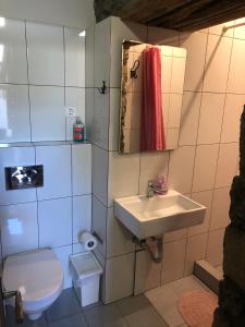 a bathroom with a sink and a toilet and a mirror at Meteora Central Hostel in Kalabaka +74 photos