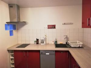 een kleine keuken met rode kasten en een wastafel bij Appartement Bel Etre Langeais in Langeais