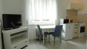 a kitchen with a table with chairs and a television at Apartmán Sluka in Jilemnice