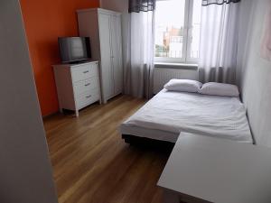niewielka sypialnia z łóżkiem i telewizorem w obiekcie Pokoje Gościnne Bogusia we Władysławowie