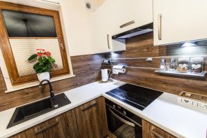 a kitchen with wooden cabinets and a sink and a window at Górski szafir in Jaworki