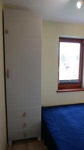 um quarto com uma cama e uma janela em Apartament Hanka em Krościenko
