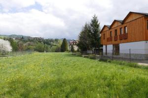 a large grassy field next to a building at Apartament Hanka in Krościenko