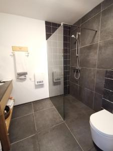 a bathroom with a shower and a toilet at Elingenhof in Elingen