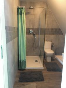 una doccia con tenda verde in bagno di My Old Town Gdańsk - Apartament Podgarbary 10 a Danzica