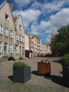 una calle de la ciudad con edificios y flores en ollas en My Old Town Gdańsk - Apartament Podgarbary 10 en Gdansk