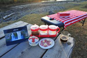 een picknicktafel met eten en een rode en witte picknickparaplu bij orkhon camp in Burgaasatayn Hiid