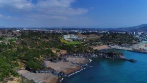 an aerial view of a house on a hill next to the ocean at Y Resort Jeju in Seogwipo