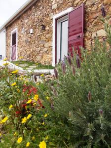 a garden with flowers in front of a stone building at Casas de Campo de Vale de Junco in Envendos