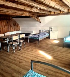 a room with a table and chairs and a bed at Penzion Ostrov u Stribra 13 in Kostelec