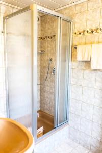 a shower with a glass door in a bathroom at Gäste- und Appartementhaus Roswitha Huber in Würding