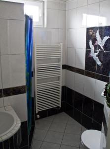 ein Bad mit einer Dusche, einem WC und einem Waschbecken in der Unterkunft B&B Marijke in De Koog