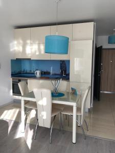 a kitchen with a table, chairs and a refrigerator at Near Station Apartment in Vilnius