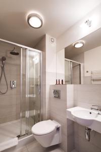 La salle de bains est pourvue de toilettes, d'un lavabo et d'une douche. dans l'établissement Boutique Eco Hotel Sasanka, à Szklarska Poręba