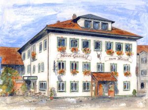 a painting of a building with flowers in the windows at Blochums Gasthof Hirsch in Marktoberdorf