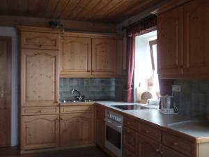 a kitchen with wooden cabinets and a sink at Ferienwohnung am Rettlhof in Sankt Peter am Kammersberg