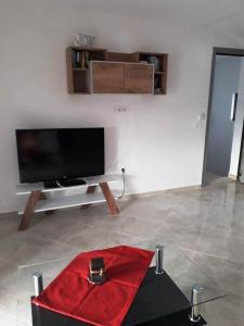 a living room with a television and a red cloth on the floor at InStyle Zakynthos town Apartment in Zakynthos