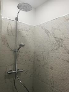 een douche met een douchekop in een badkamer bij Golden Amber Apartment in Liepāja +16 foto's