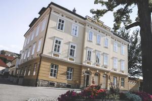 duży budynek z białymi oknami na ulicy w obiekcie Gemütliches Wohnen in der alten Schule w mieście Weitra