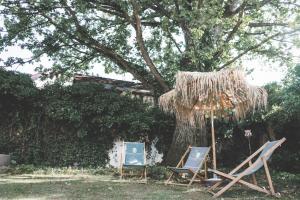 dwa krzesła i parasol pod drzewem w obiekcie Gemütliches Wohnen in der alten Schule w mieście Weitra