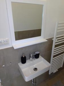 y baño con lavabo blanco y espejo. en Zentrale ruhige Lage mit Parkplatz und Terrasse, en Bad Honnef am Rhein