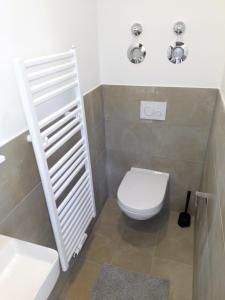 a bathroom with a white toilet and a sink at Zentrale ruhige Lage mit Parkplatz und Terrasse in Bad Honnef am Rhein +1 photo