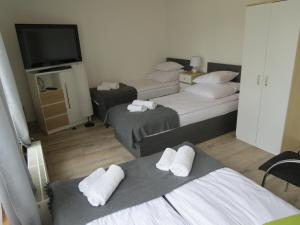 a hotel room with two beds and a flat screen tv at Apartamenty Katarina in Ustrzyki Dolne