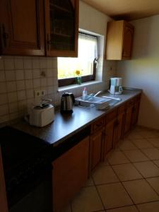 a kitchen with a counter with a toaster and a sink at Ferienhaus Möschwitz in Möschwitz