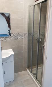 a bathroom with a shower and a sink at Au coeur de nos campagnes in Lachapelle-Saint-Pierre