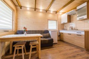 a kitchen and living room with a table and a couch at Domki Pod Roztóczką in Hoczew