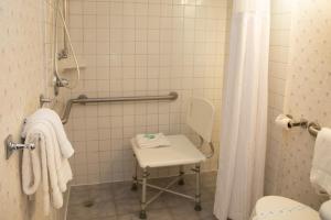 a bathroom with a shower with a chair and a toilet at Hotel Pentagon in Arlington