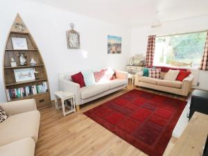 una sala de estar con 2 sofás y una alfombra roja en Salty Puffin, en Benllech