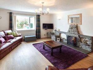 a living room with a couch and a fireplace at Simdda Wen Cottage in Llanddona