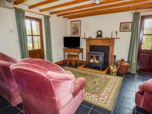 a living room with two chairs and a fireplace at Blaendyffryn Fach in Llanybyther