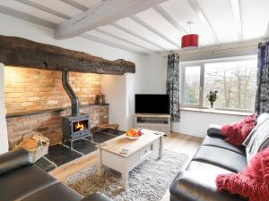a living room with a couch and a fireplace at Bryndan in Machynlleth
