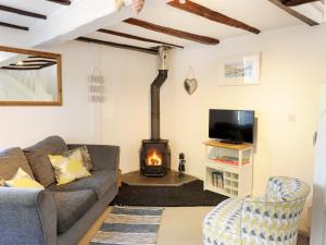 a living room with a couch and a wood stove at Hele Stone Cottage in Launceston