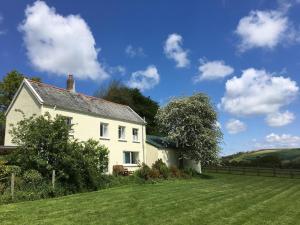 a white house on a hill with a green yard at Marsh Cottage in South Molton