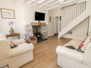 a living room with two couches and a fireplace at 27 Borthyn in Ruthin