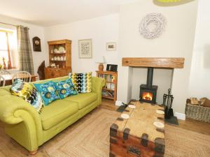 a living room with a green couch and a fireplace at Llwyn Onn in Dolwyddelan