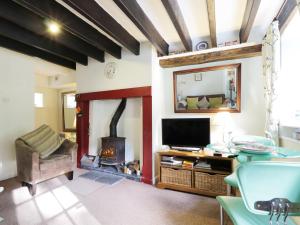 a living room with a fireplace and a television at Nightingale Cottage in Threlkeld
