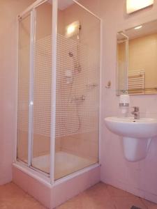 a bathroom with a shower and a sink at Hotel Arena in Rybnik