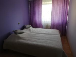 Bett in einem Zimmer mit einem Fenster mit lila Vorhängen in der Unterkunft Vabaduse Apartment in Kärdla