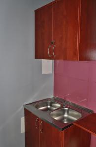 a kitchen with a sink and wooden cabinets at Teatr Baj Pomorski in Toruń