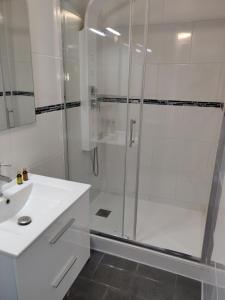 baño blanco con ducha y lavamanos en Clubber Naturiste Design en Cap d'Agde